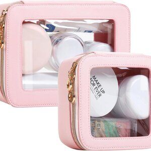 Leather Clear Makeup Bags Set - Travel Clear Cosmetic Bag Case with Zipper, Tran
